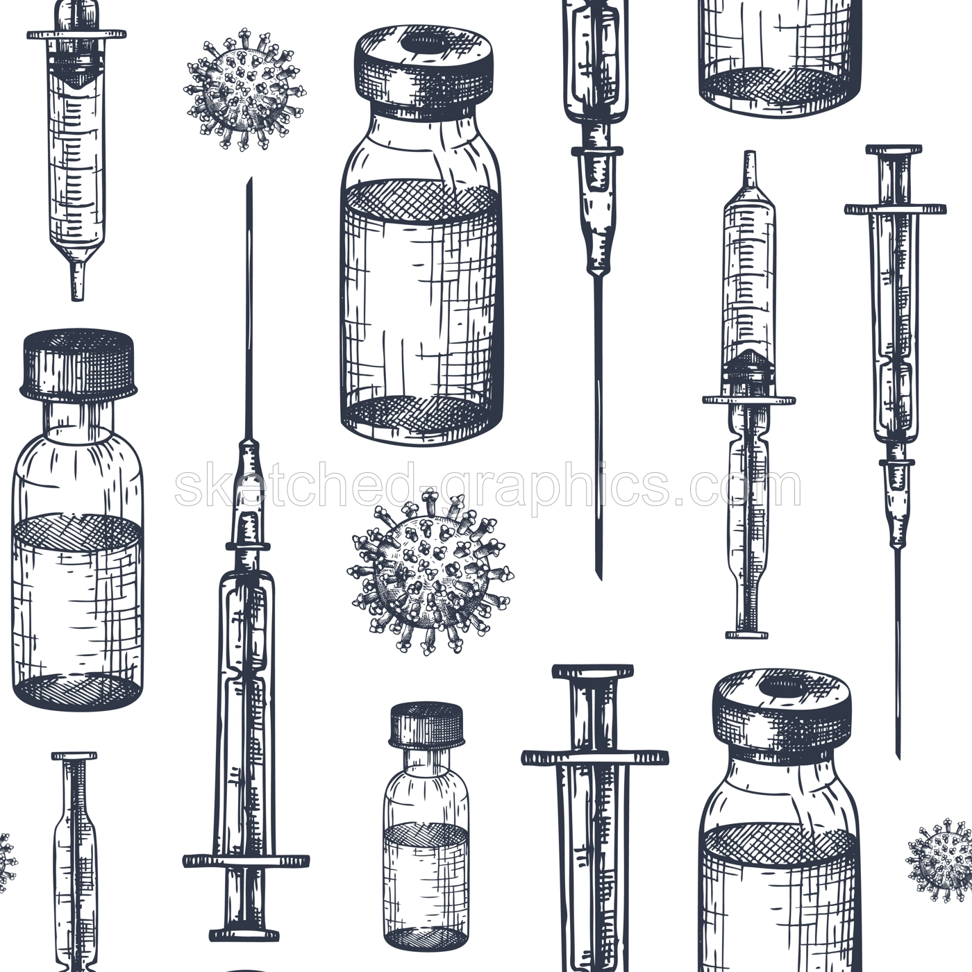 Coronavirus vaccine seamless pattern. Vector backdrop with vaccine bottle and syringe injection tools sketches. Vector covid19 immunization backdrop Illustration